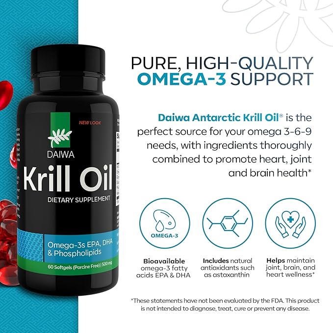 Daiwa Krill Oil 1000mg Softgels - EPA DHA Omega 3 Antarctic Krill Oil Supplement with Astaxanthin - Natural Solution for Joint, Brain Support and Heart Health - 60/ct