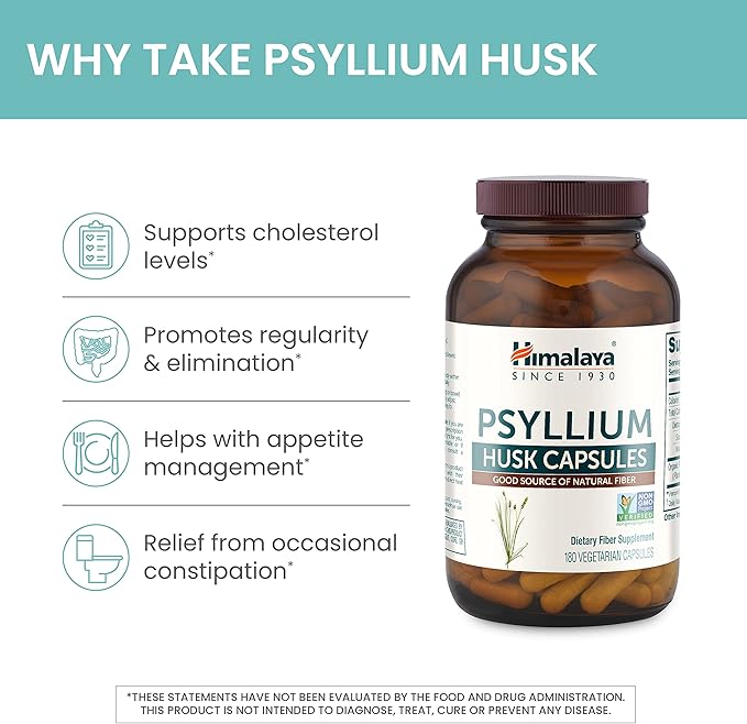 Himalaya Psyllium Husk Capsules - Daily Fiber Supplement for Supporting Digestive Health and Regularity - Vegan, Non-GMO, Sugar Free, Gluten Free, 180 Capsules