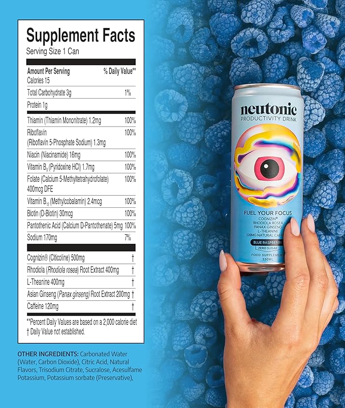 Neutonic Nootropic Productivity Energy Drink | Blue Raspberry 12 Cans | 120mg Natural Caffeine, Zero Sugar | Support Memory, Mental Clarity, Cognitive Function | Boost Focus, Energy, Brain Health