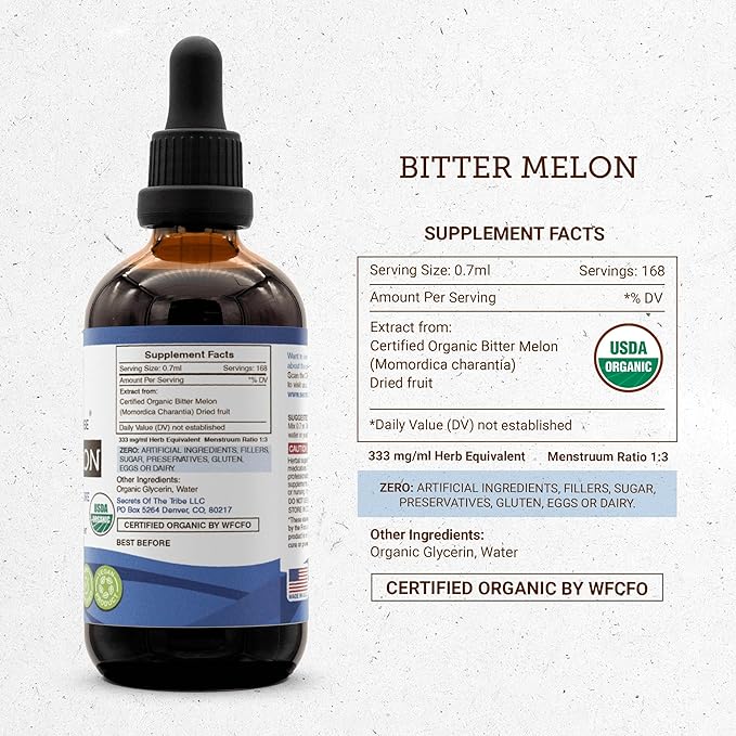 Secrets of the Tribe Bitter Melon USDA Organic | Alcohol-Free Extract, High-Potency Herbal Drops | Made from 100% Certified Organic Bitter Melon (Momordica Charantia) Dried Fruit (4 oz)