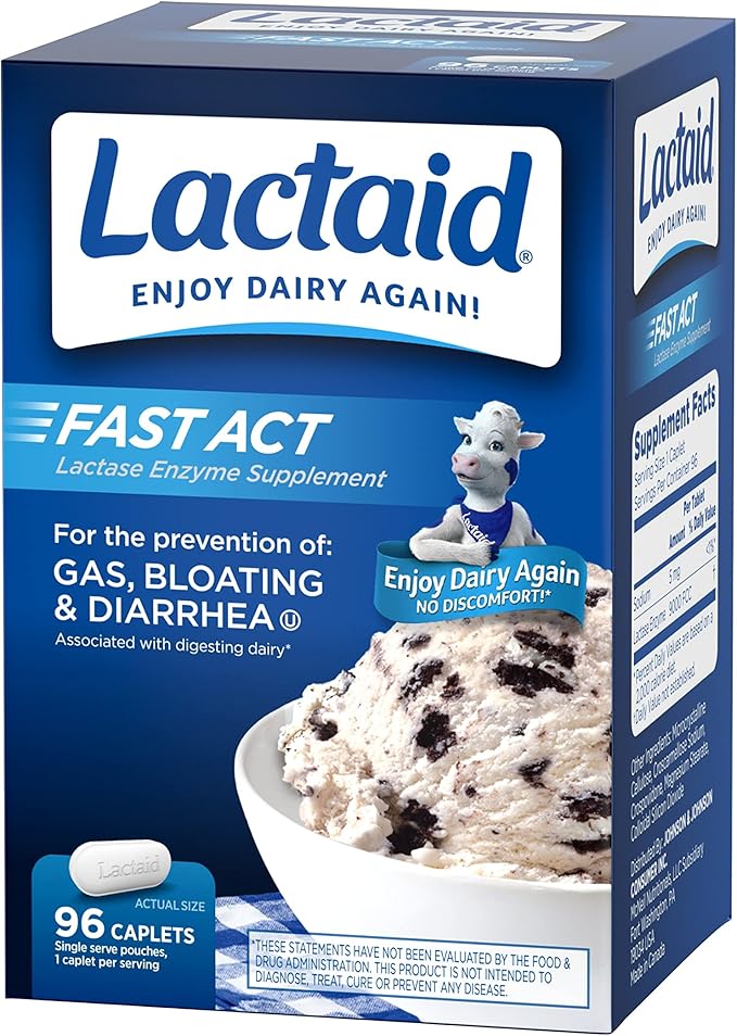 Lactaid Fast Act Lactose Intolerance Caplets with Lactase Enzyme, Dairy Relief from Gas, Bloating & Diarrhea, 9000 FCC Lactose Intolerance Pills, 96 Individual Travel On-The-Go Packs (96 x 1 ct)