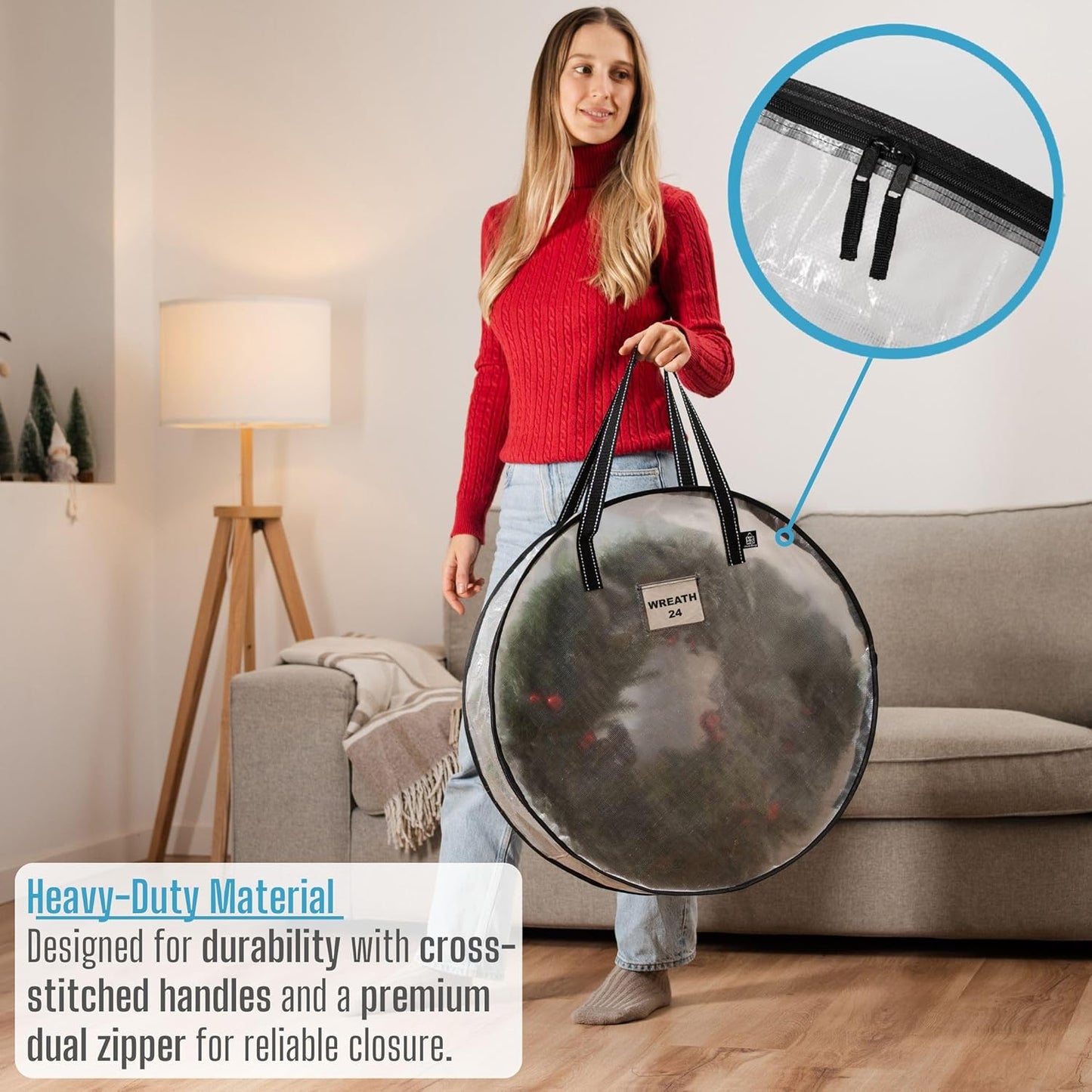 VENO 4 Pack Christmas Wreath Storage Container - 24 Inch Clear Wreath Bag, Christmas Garland and Holiday Decoration Organizers with Zipper and Durable Handles (Clear, 24"-4 Pack)