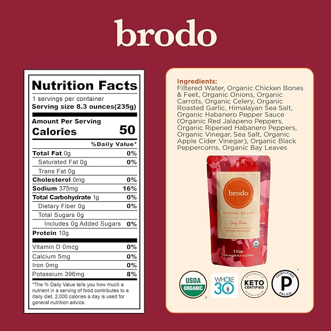 Brodo Broth Variety Pack | 1 Chicken, 1 Hearth, 1 Deeply Rooted, 1 Spicy Nonna, 1 Tom Yum, 1 Tuscan Sun Single Serving Pouches | Not Made From Concentrate, No Preservatives (6x 8.3 oz Pouches)