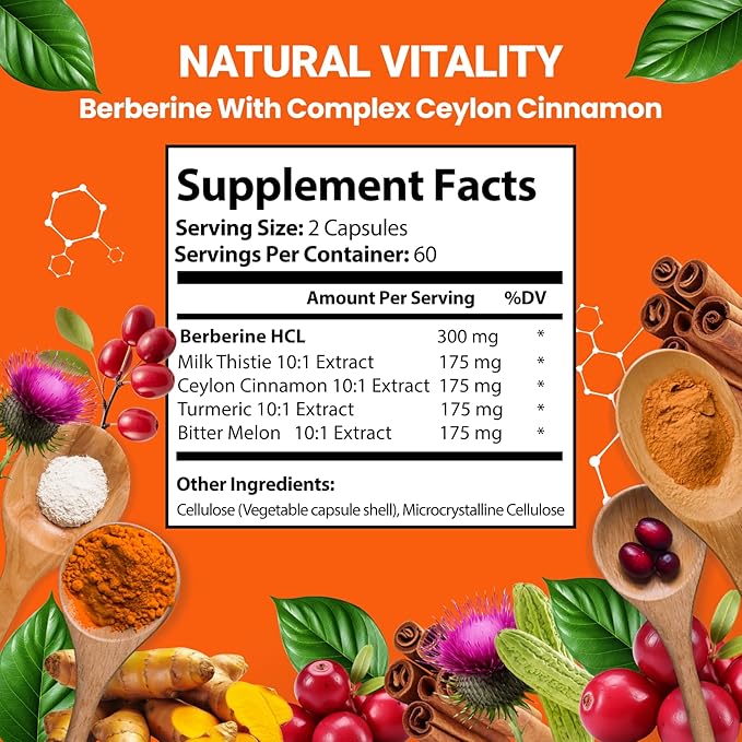 Berberine Supplement with Ceylon Cinnamon, Milk Thistle, Turmeric, Bitter Melon Complex, Immune Supports, 120 Capsules, 1000 mg, Vegan, Non-GMO