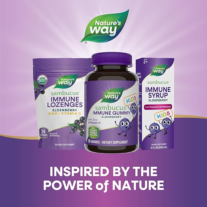 Nature's Way Sambucus Elderberry Immune Gummies for Kids with Black Elderberry Extract, Vitamin C and Zinc, Immune Support Gummies*, 60 Count (Set of 3)