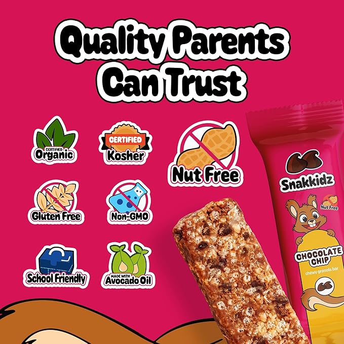 Snakkidz Organic Chewy Granola Bar, Allergen Free, Made with Avocado Oil, Low Sugar (15 Bars, Chocolate Chip)