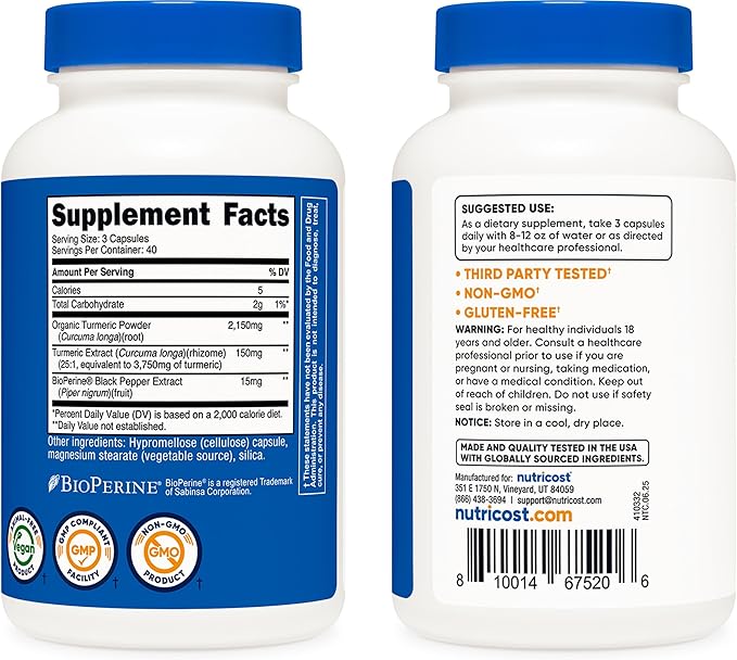 Nutricost Turmeric Curcumin with BioPerine and 95% Curcuminoids, 2300mg, 120 Capsules, Veggie Capsules, 767mg Per Cap, 40 Servings, Gluten Free, Non-GMO