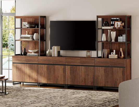 WAMPAT Modern TV Stand with 3 Tiers Bookshelf, Farmhouse Entertainment Center with 4 Large Storage Cabinets and Adjustable Shelf, Wooden Media TV Console with Black Metal Leg for Living Room, Brown