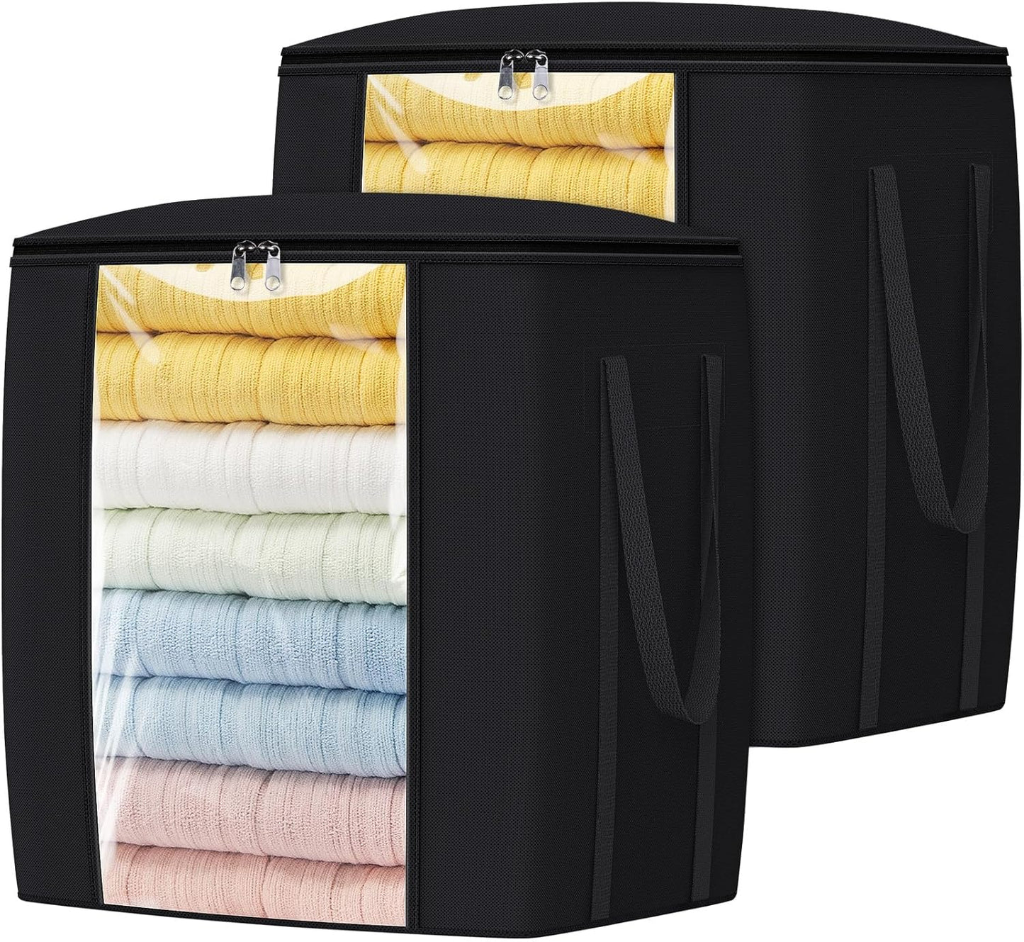 120L Extra Large Clothes Storage Bags, Foldable Blanket Storage and Organization, Thick Fabric Containers with Reinforced Handles & Zippers for Clothing, Comforters, Bedding, Black, 2 Pack