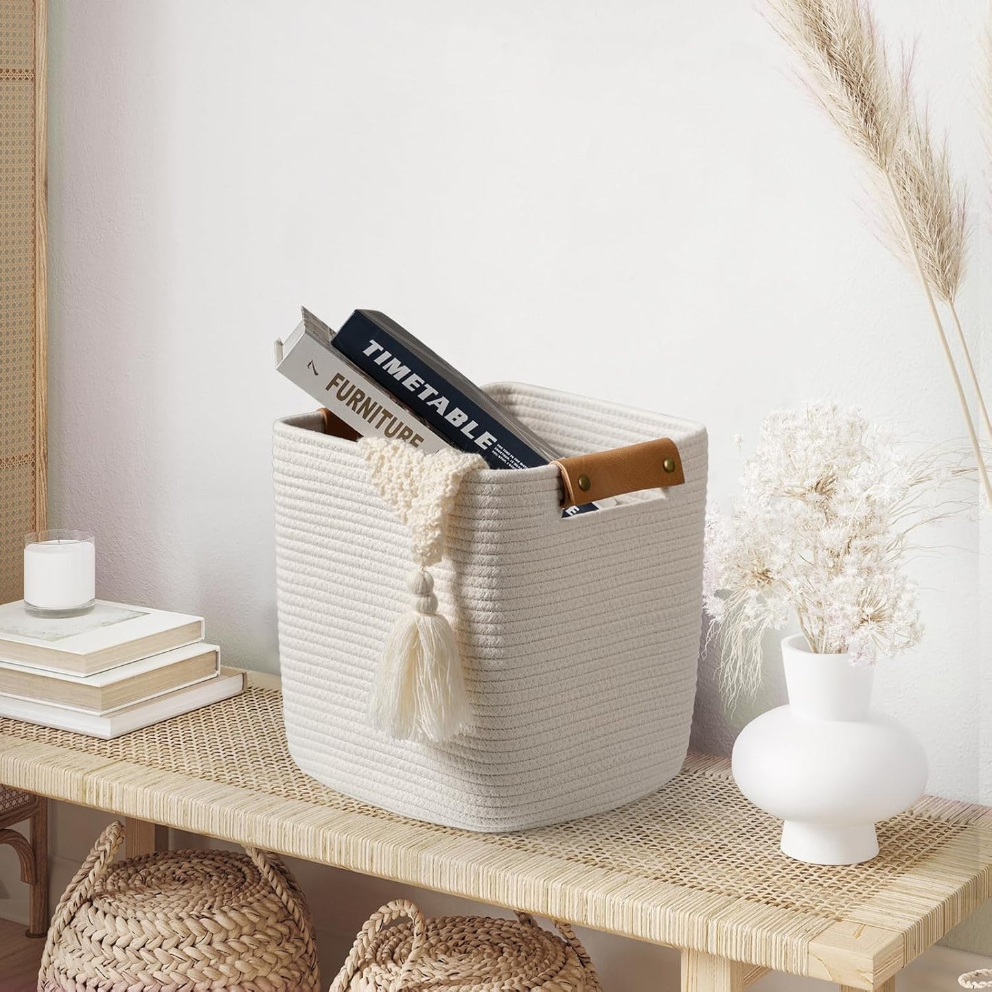 danpinera Set of 3 11 Inch Storage Baskets, Cube Storage Bins, White Woven Baskets with Stable Leather Handles, Square Cotton Rope Bins for any Room, Easy to Recover