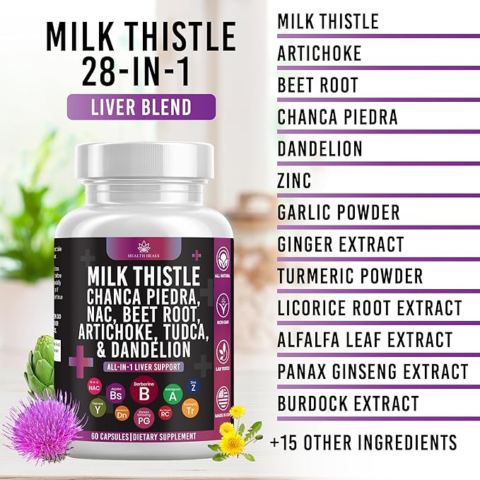 Milk Thistle NAC Chanca Piedra Beet Root Artichoke Dandelion Root- Liver Supplement Plus Astragalus TUDCA Choline & Ginger- 60 Count