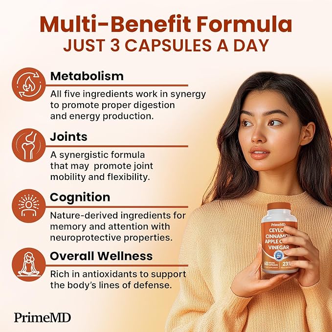 5-in-1 Ceylon Cinnamon Capsules 2355mg - Ceylon Cinnamon and Apple Cider Vinegar with Turmeric, Panax Ginseng, Cinnamon, and Bioperine, 60ct