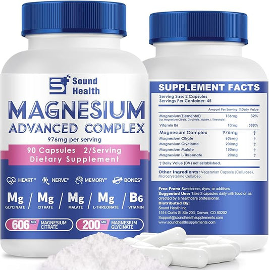 Magnesium Complex 976mg from Magnesium Glycinate, Citrate, Malate & L-Threonate | High Absorption | Chelated Magnesium Supplement | 90 Vegan Capsules, Non-GMO