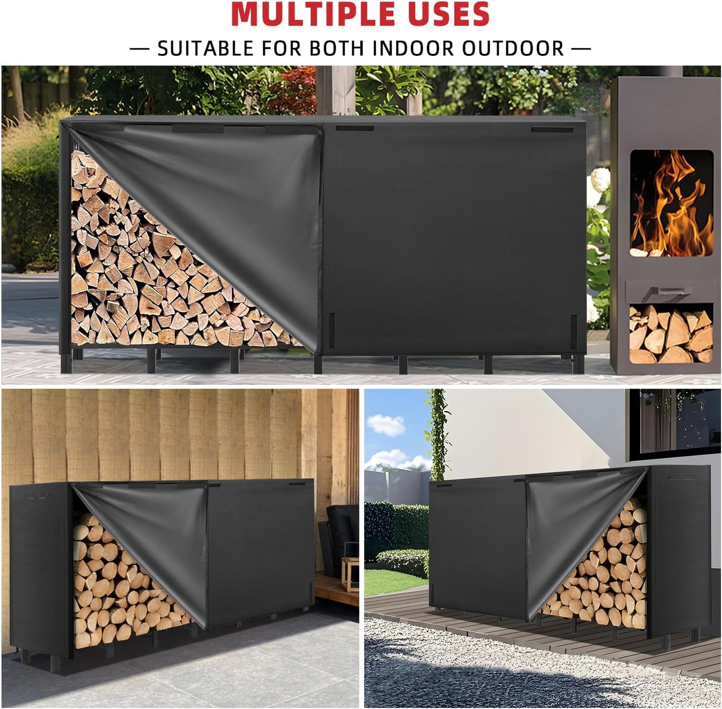 8FT Firewood Rack Outdoor with Cover, Heavy Duty Adjustable Firewood log Storage & Holder, Wood Pile Lumber Storage Rack Stacking Outside for Courtyard Patio.