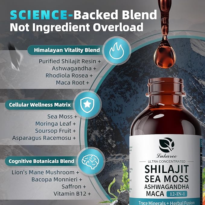 Shilajit Liquid Drops with Sea Moss, Ashwagandha, Maca, Fulvic Acid, Trace Minerals, 12-in-1 Liquid Vitamins Supplement for Men and Women, Energy, Antioxidant, Immune Support, 1 FL Oz