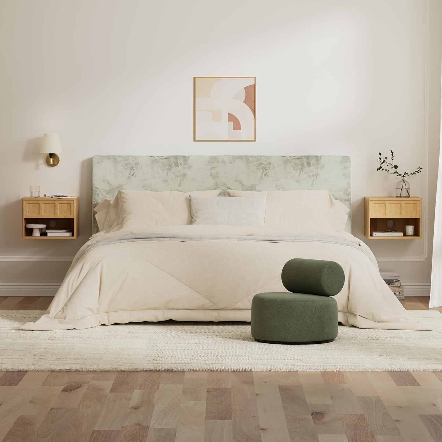 Farmhouse Floating nightstands Set of 4, Small Wall Mounted Storage Cabinet with Drawer Open Shelf, Wood Bedside End Table for Bedroom, Living Room, Natural Oak