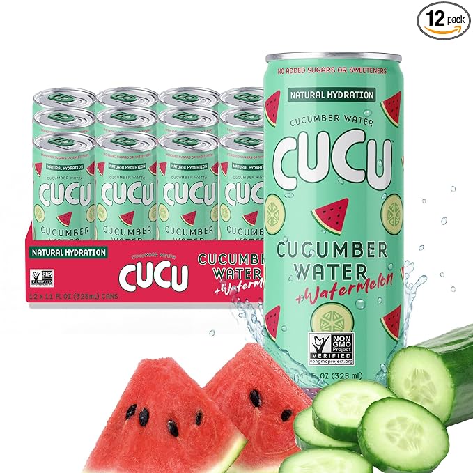 CUCU Cucumber Water + Watermelon Water – Natural Hydration from Cucumbers with Vitamin C, Electrolytes & Antioxidants – No Sugar Added, Non-GMO – 12 Pack, 11 fl oz Cans