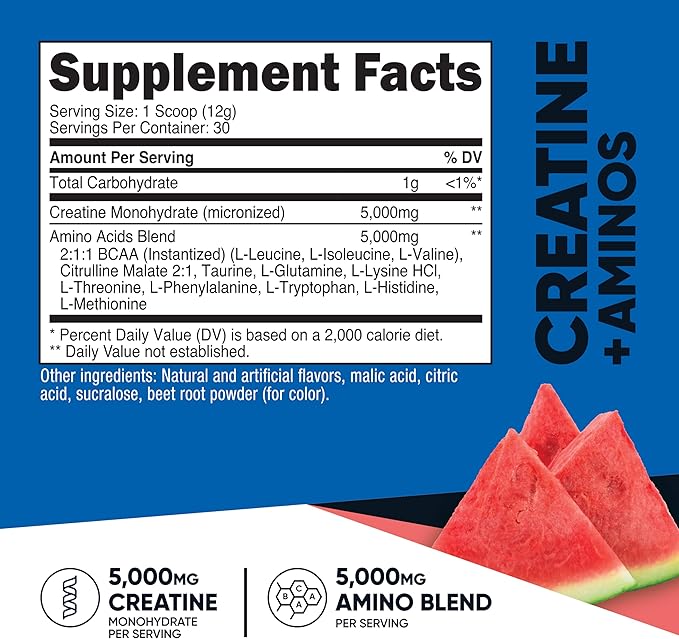 Nutricost Creatine + Aminos 30 Servings (Watermelon Flavored) - 5,000mg Creatine Monohydrate + 5000mg Amino BCAA Blend Per Serving