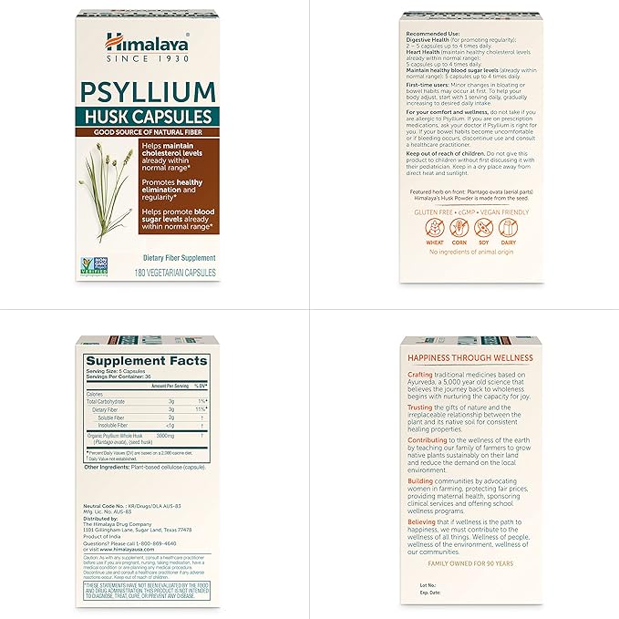 Himalaya Psyllium Husk Capsules - Daily Fiber Supplement for Supporting Digestive Health and Regularity - Vegan, Non-GMO, Sugar Free, Gluten Free, 180 Capsules
