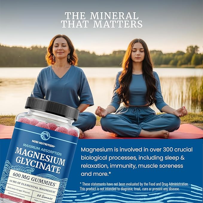 Magnesium Glycinate Gummies 600MG | Sleep, Calm & Relaxation Support | 60MG Elemental Mag Per Serving | Grape Flavor, Gluten-Free | High Absorption Magnesium Gummies for Women, Men & Family | 60 Ct