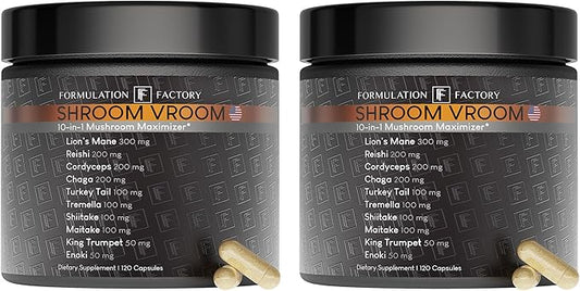Shroom Vroom: 10-in-1 Mushroom Supplement, Lion’s Mane, Reishi, Cordyceps, Chaga, Turkey Tail, Tremella, Shiitake, Maitake, King Trumpet & Enoki 240 Count (Pack of 2)