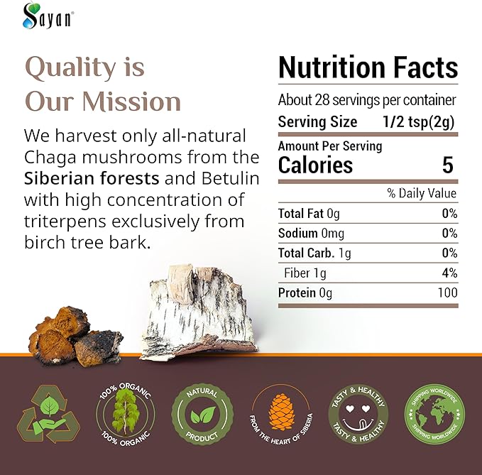 Sayan Siberian Chaga Mushroom Extract with Betulin Powder (2.2lbs)–Organic Antioxidant Blend – Support Immune System & Regulate Body Functions, Energy, Clarity, Wellness – Mix with Yogurt or Smoothies