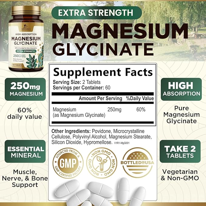 Magnesium (Glycinate) - Magnesium Supplement for Heart Health, Nerve, Muscle, Bone, and Sleep Support - 100% Chelated & High Absorption - 250 mg per Serving - Gluten Free, Vegan, Non-GMO - 120 Count