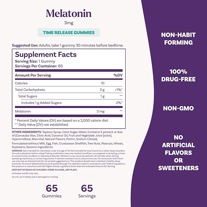 Natrol Time Release Melatonin Gummies, Sleep Support for Adults, 3 mg Melatonin Supplements for Sleep Support, 65 Strawberry-Flavored Gummies, Up to a 65 Day Supply