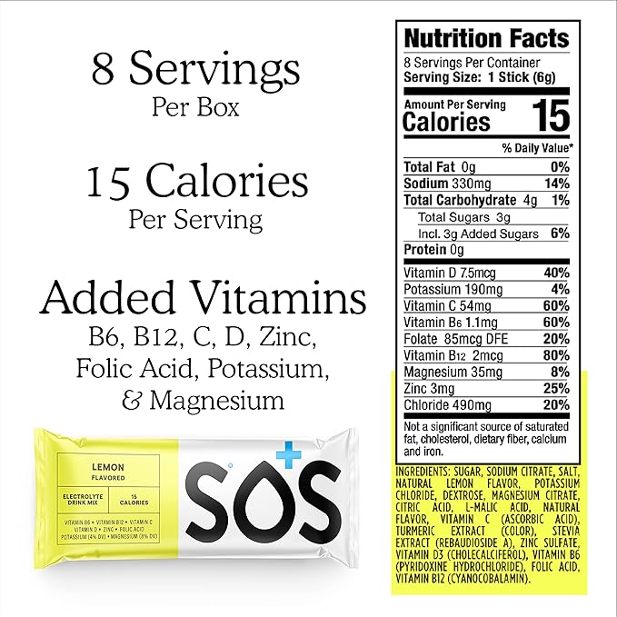 SOS Hydration Electrolyte Powder 8 Stick Packs – Low-Calorie, Rapid Rehydration, Made in USA, Keto (8 Servings, Lemon)