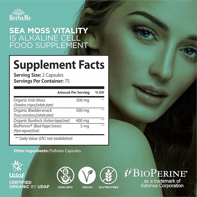 Organic Irish Sea Moss with Bladderwrack, Burdock Root & Black Pepper Extract, 150 Capsules, Thyroid Support, Natural Iodine Source, Promotes Immune System, Cell Food, Alkaline Supplement