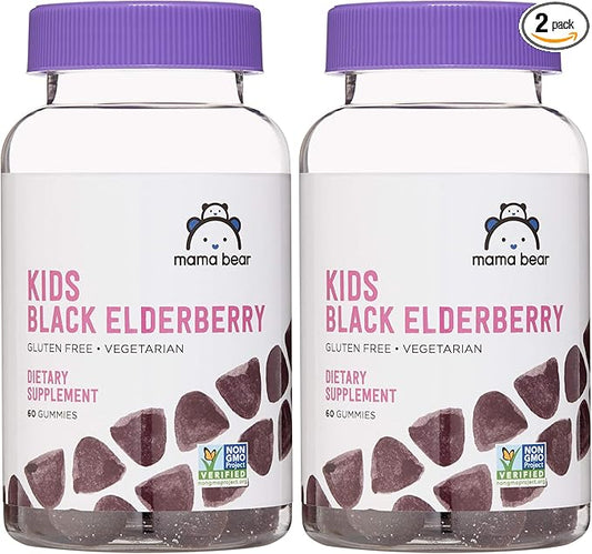 Amazon Brand - Mama Bear Vegetarian Kids Black Elderberry Gummies 300 mg with Vitamins C, D, E and Zinc, Immune System Support, 60 Count (1 to 2 Month Supply), Non-GMO, Gluten Free (Pack of 2)