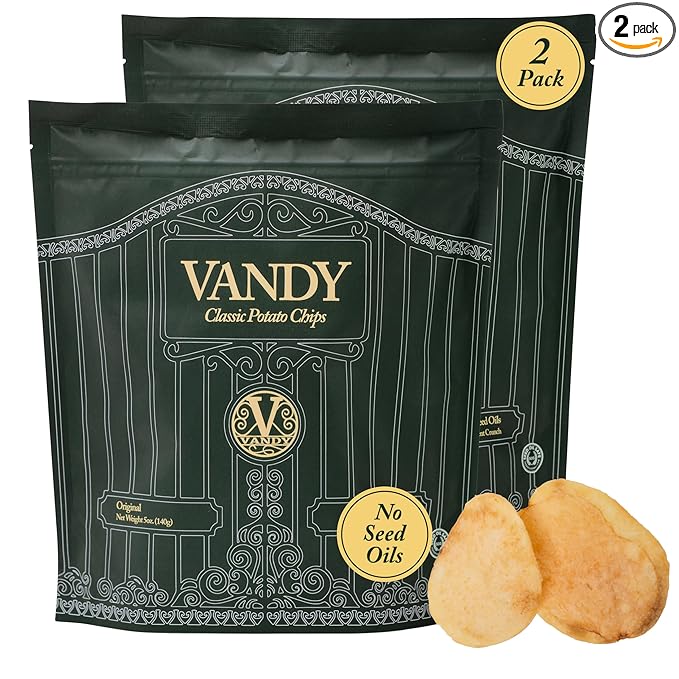 Vandy Crisps Potato Chips - Vegetable & Seed Oil Free Snacks - Gluten Free Potato Chip - Healthy Chips Made with Potatoes, Grass-Fed Beef Tallow, and Sea Salt - 2 Pack, 5 Ounce Each (Original)