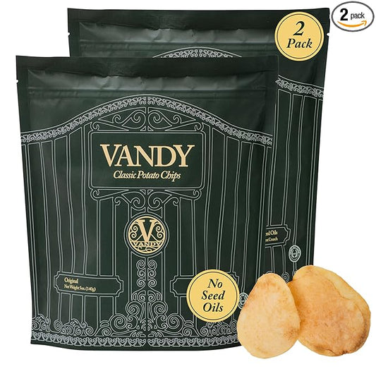 Vandy Crisps Potato Chips - Vegetable & Seed Oil Free Snacks - Gluten Free Potato Chip - Healthy Chips Made with Potatoes, Grass-Fed Beef Tallow, and Sea Salt - 2 Pack, 5 Ounce Each (Original)