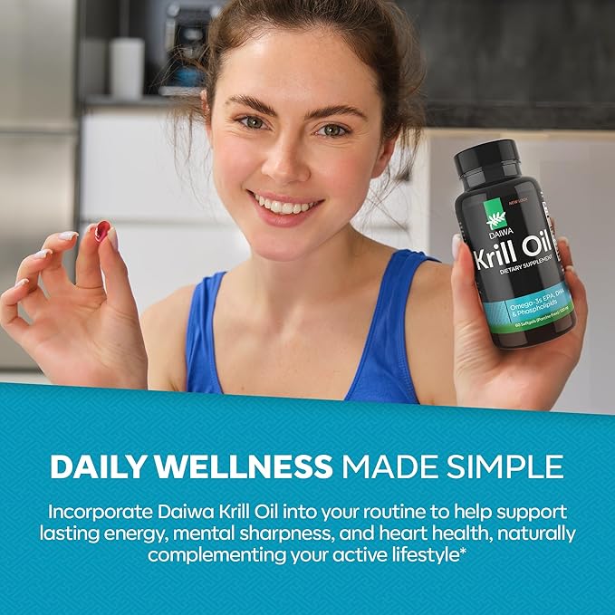 Daiwa Krill Oil 1000mg Softgels - EPA DHA Omega 3 Antarctic Krill Oil Supplement with Astaxanthin - Natural Solution for Joint, Brain Support and Heart Health - 60/ct