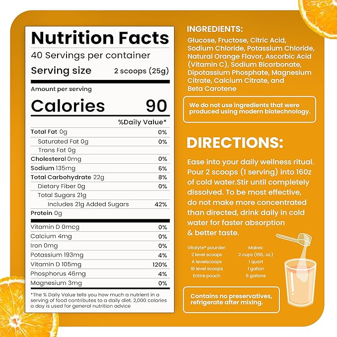Vitalyte Electrolyte Powder Drink Mix, Isotonic Electrolyte Hydration Mix, Gluten Free Post Workout Powder Mix, Pack of 1, 35 oz., Orange Flavor