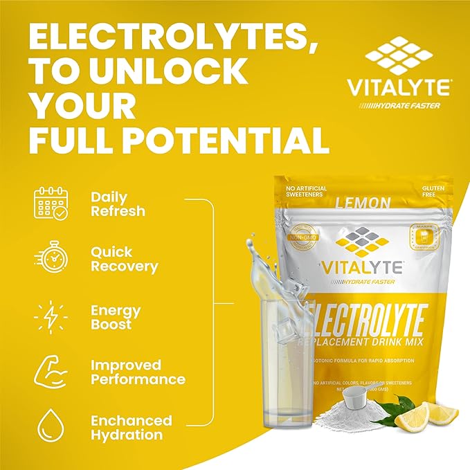 Vitalyte Electrolyte Powder Drink Mix, Isotonic Electrolyte Hydration Mix, Gluten Free Post Workout Powder Mix, Pack of 1, 35 oz., Lemon Flavor