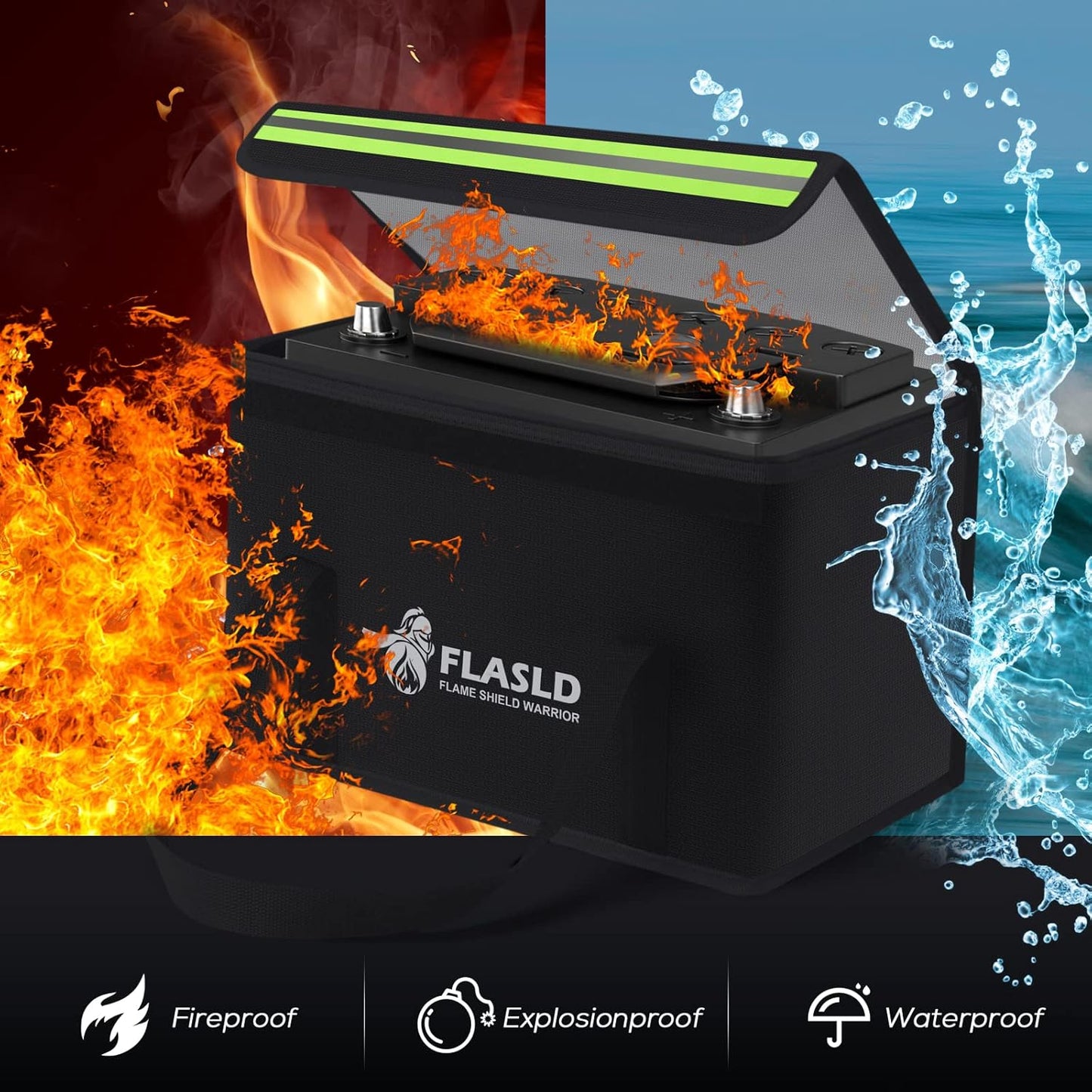 FLASLD Large Fireproof Lipo Bag for 100Ah Lithium Battery Storage and Charging, 14 x 7.8 x 9.5in Waterproof Box for Documents and Valuables