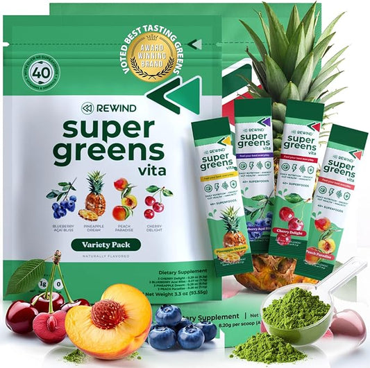 Best Tasting Vita Variety Sample Stick Pouch - Super Greens Powder Packets - Delicious Green Juice Drink Mix with Amazing Flavor - Over 40 Superfoods - Variety Pack (12 Sticks)