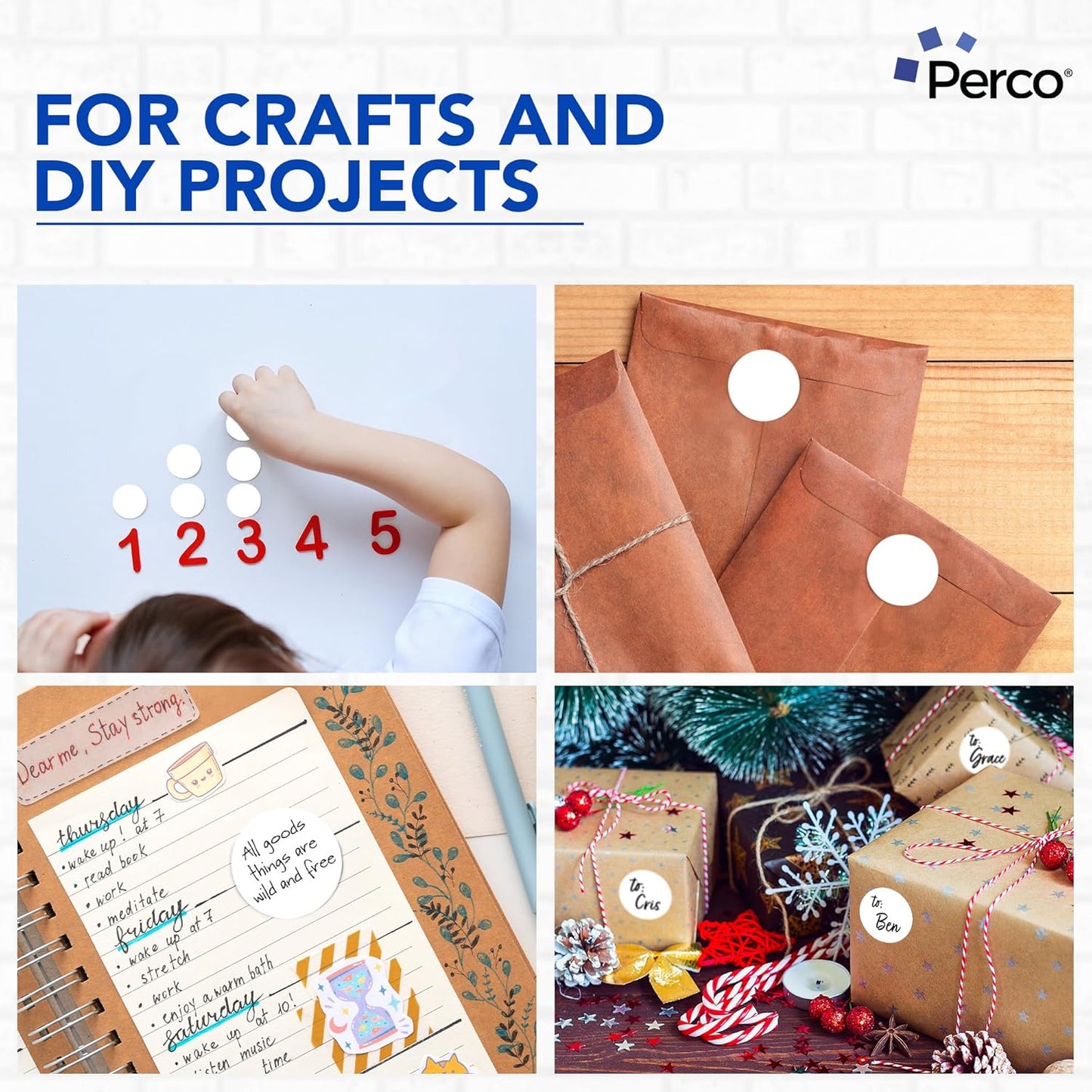 Perco White 2-Inch Perforated Circle Dot Sticker Labels — 250 Round Stickers Per Roll — with Permanent Adhesive for Organizing, Color Coding, Bin Labeling, Packaging Alerts — Made in USA