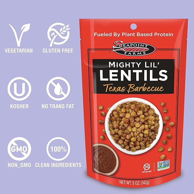 Seapoint Farms Mighty Lil’ Lentils, Texas Barbecue, Plant Based Protein, Gluten-Free, Non-GMO, and Kosher Crunchy Snack for Healthy Snacking, 5 oz (Pack of 3)