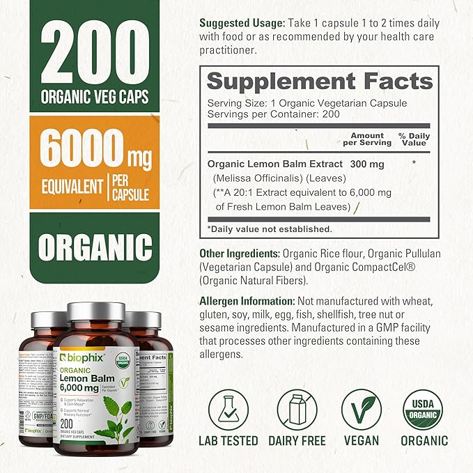 biophix Lemon Balm Capsules USDA Organic 20:1 Extract 300 mg 200 Veggie Caps - Cognitive Health Stress Sleep Mood Support Natural Herbal Supplement
