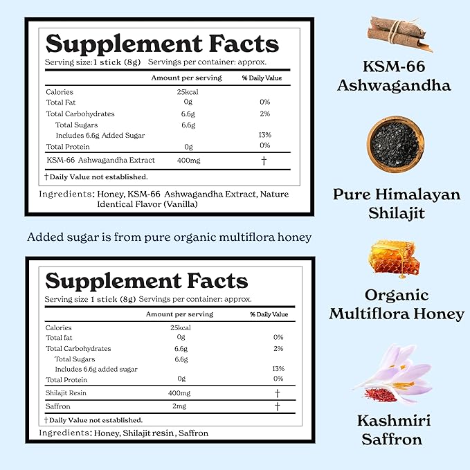 Ashwagandha & Classic Shilajit Honey Sticks| Pure Himalayan Shilajit Organic Multiflora Honey & Saffron|60 Sticks|Energy & Immune Support Supplement