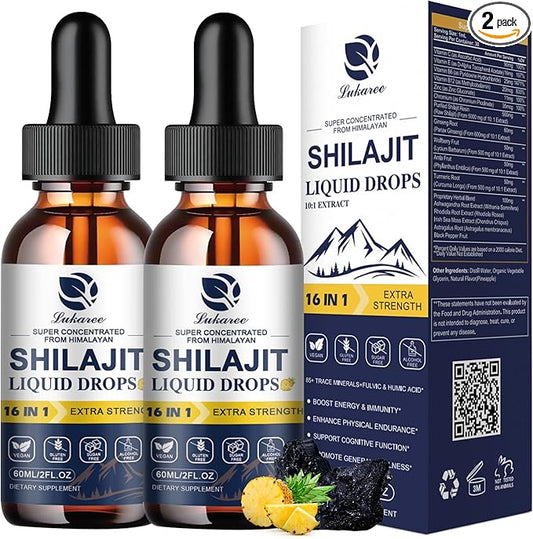 (2 Pack) 16-in-1 Himalayan Shilajit Drops for Men and Women, Ashwagandha, Ginseng, Turmeric, Rhodiola, Amla, Sea Moss, Liquid Vitamin Supplement with 85+ Trace Minerals and Fulvic Acid, 2 FL Oz