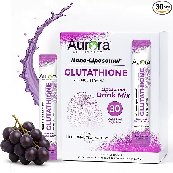 Aurora Nutrascience Nano-Liposomal Glutathione, Grape Powdered Drink Mix Immune & Antioxidant Gut Health Support Supplement, 750 mg per Serving, Non-GMO, Sugar-Free, 30 Single Serve Packets