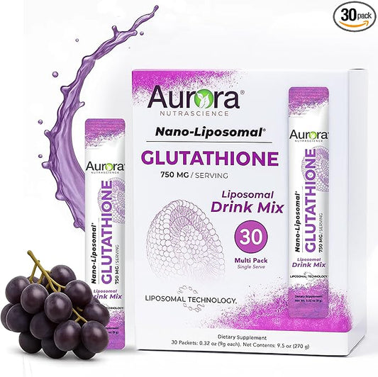 Aurora Nutrascience Nano-Liposomal Glutathione, Grape Powdered Drink Mix Immune & Antioxidant Gut Health Support Supplement, 750 mg per Serving, Non-GMO, Sugar-Free, 30 Single Serve Packets