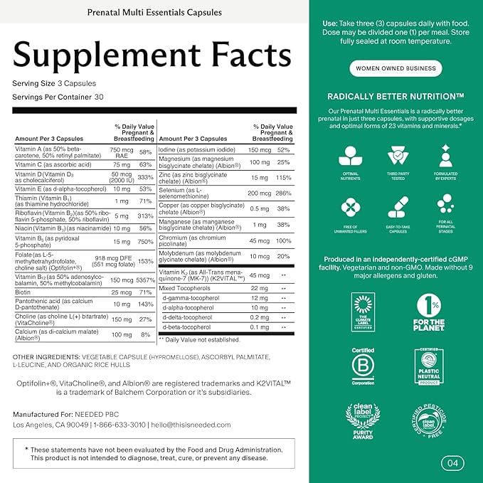Needed. Multivitamin for Prenatal | Prenatal Multi Essentials Capsule - Pregnancy, Breastfeeding, Postpartum | Expertly-Formulated & Third-Party Tested, Citrus Scent Insert | 30-Day Supply