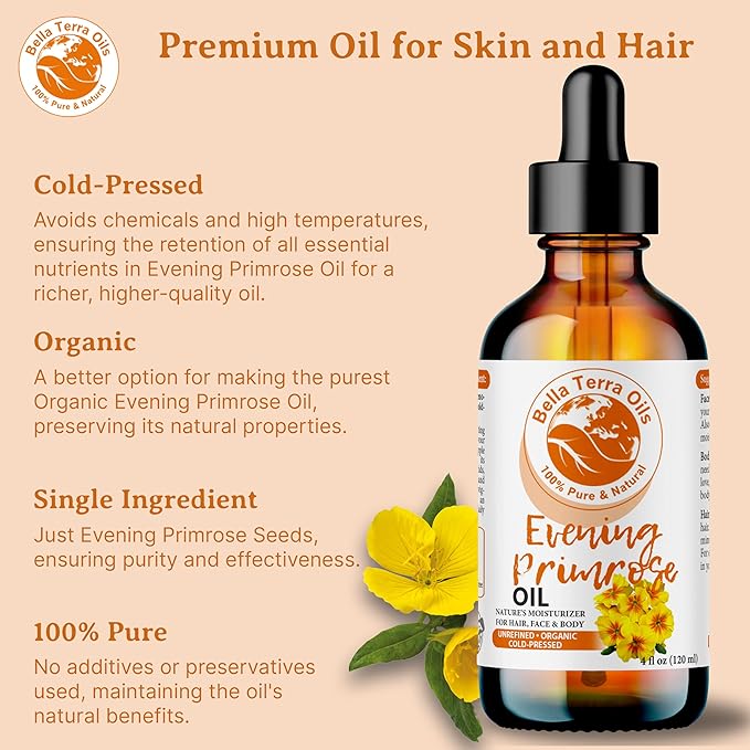 Bella Terra Oils - Organic Evening Primrose Oil 8 oz - Pure Primrose Extract, Enriched with GLA & Antioxidants, Perfect for Skin & Hair Nourishment