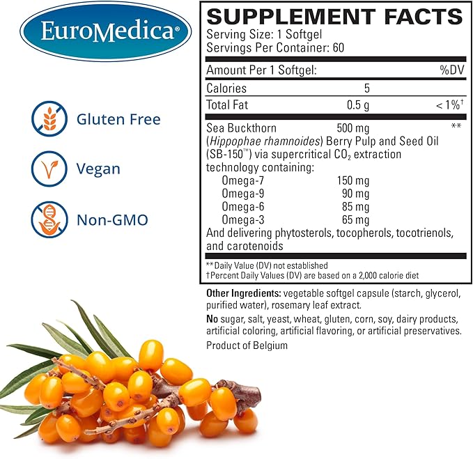 EuroMedica ProHydra-7 - Skin Health Support Supplement with Omega-7 Sea Buckthorn Oil - Nutritional Supplement - Essential Fatty Acid Supplement - 60 Softgels (2 Pack)