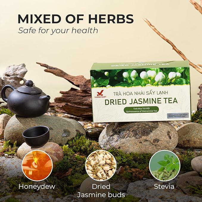 VUONGMART Dried Jasmine Buds Tea, 100% Hand Pick, Stevia, Honeyydew, Heat Pump Drying, Organic Herbal Tea, 30 Tea Bags, Gluten Free, Dairy Free, Sugar Free & Natural, Energy Boost & Health Support
