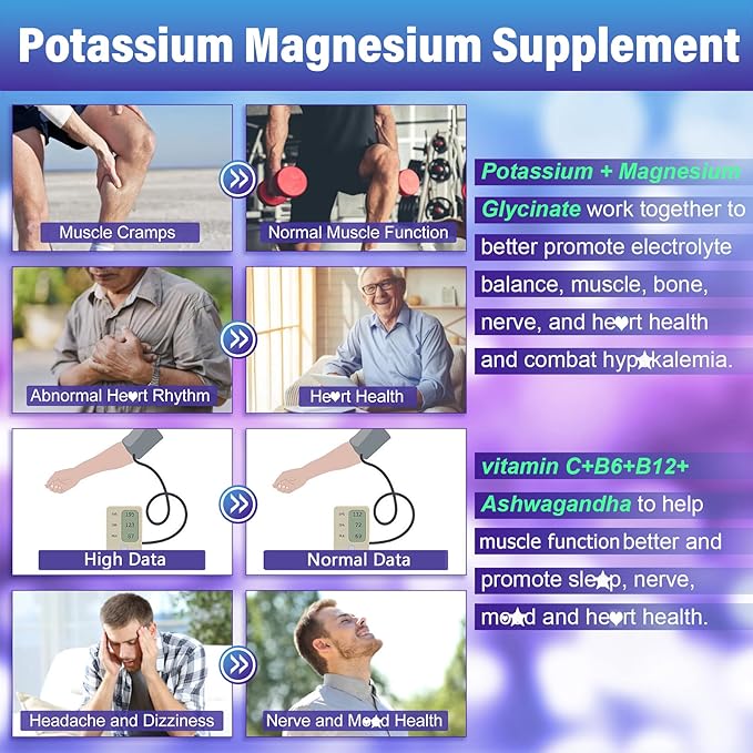 Potassium Magnesium Gummies - Potassium Supplement w/Ashwagandha 200mg, Magnesium Glycinate,B6,B12,P-otassium Citrate for Leg Cramps,Muscle,Electroyte for Adults Kids,Sugar-Free, 2 Pack